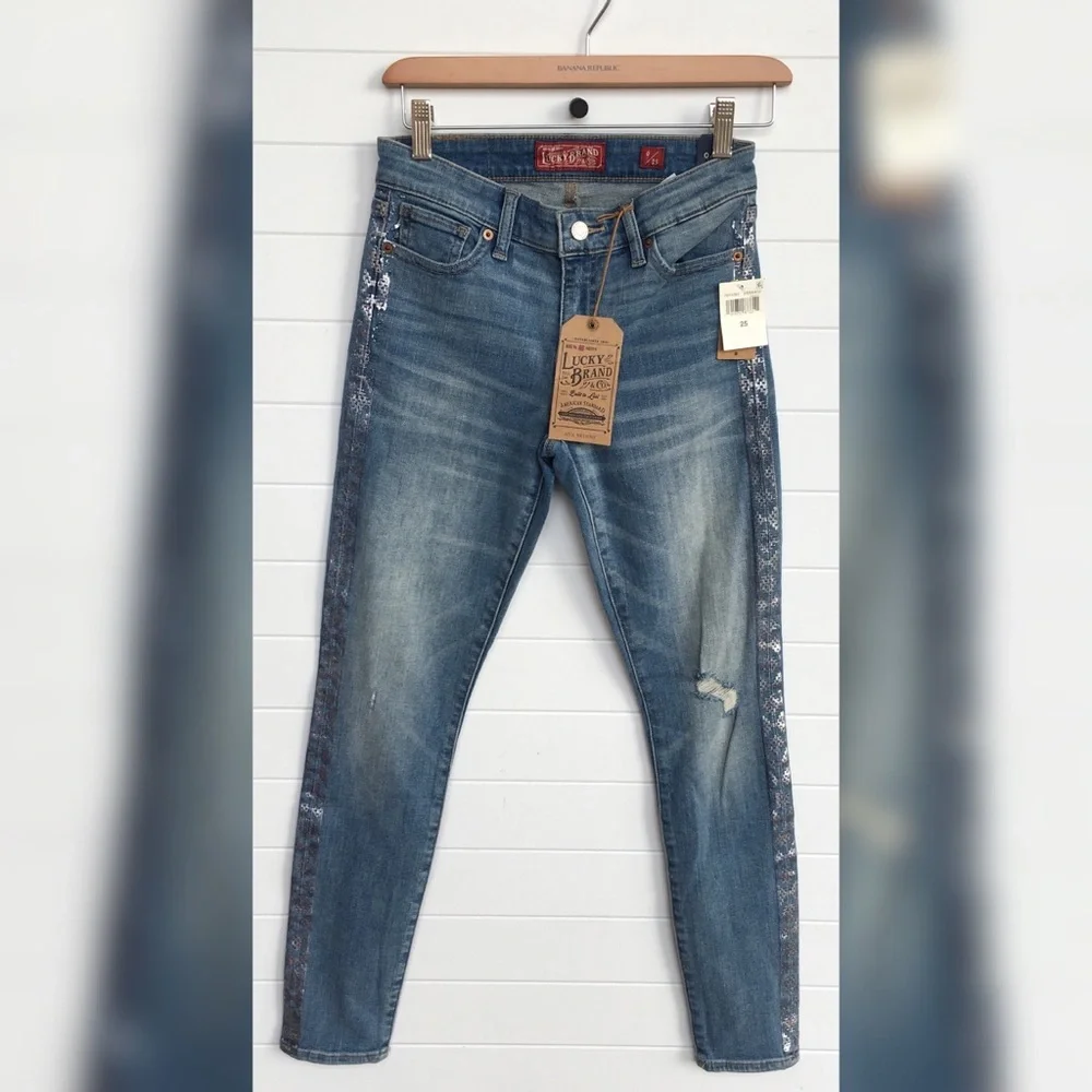 Lucky Brand NEW Ava Metallic Stripe Skinny Jeans Distressed Ripped High Waist